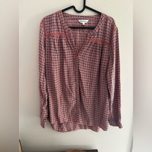 Northern Reflections Pink button up V-Neck long sleeve Blouse Blue Birds Large